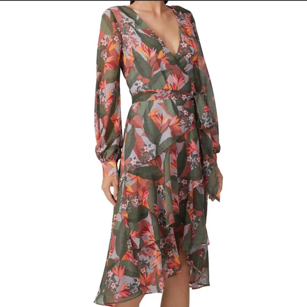 Badgley Mischka Multi Floral Wrap Long Sleeve Dress size 8